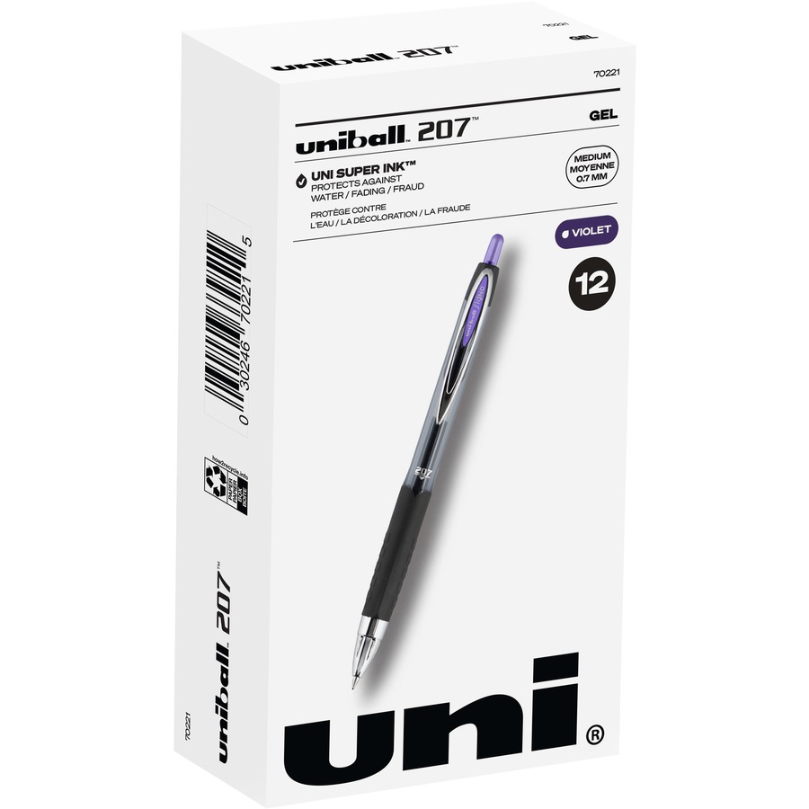 uniball™ 207 Gel Pen - Medium Pen Point - 0.7 mm Pen Point Size - Refillable - Retractable - Violet Gel-based Ink - Translucent Barrel - 1 Dozen