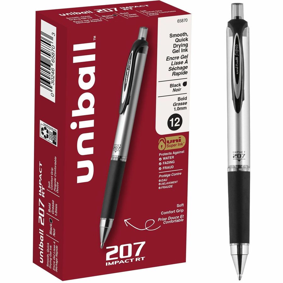 uniball™ 207 Impact RT Gel Pen - Bold Pen Point - 1 mm Pen Point Size - Refillable - Retractable - Black Gel-based Ink - Metallic Barrel - 1 Each