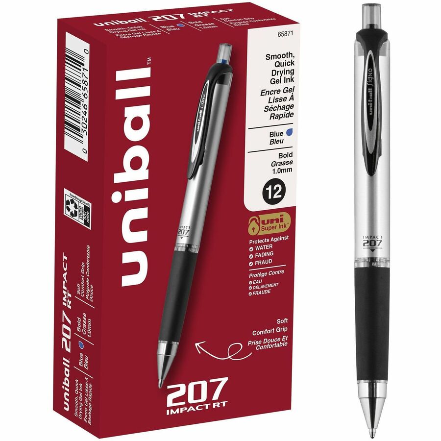 uniball™ 207 Impact RT Gel Pen - Bold Pen Point - 1 mm Pen Point Size - Refillable - Retractable - Blue Gel-based Ink - Gray, Silver Barrel - 1 Each