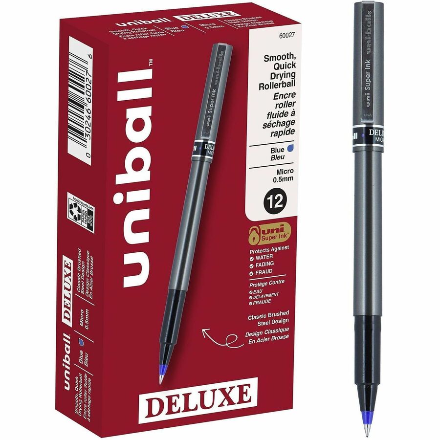 uniball™ Deluxe Rollerball Pens - Micro Pen Point - 0.5 mm Pen Point Size - Blue - Gray Barrel - 1 Dozen