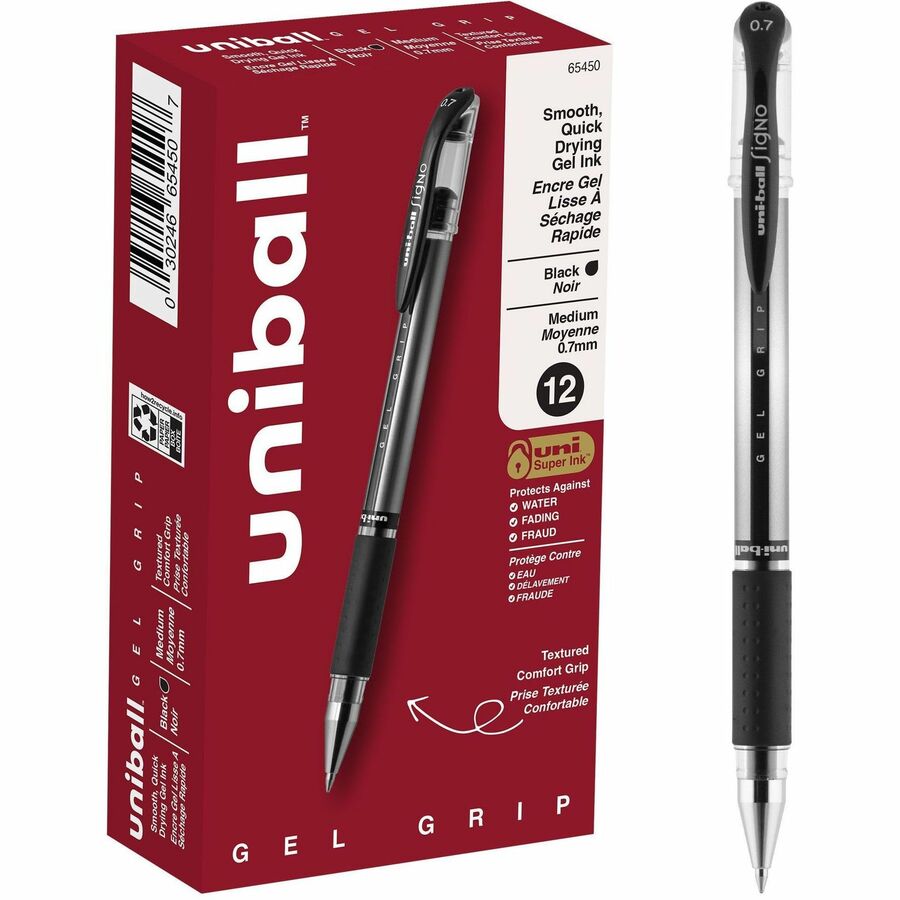 uniball™ Gel Grip Pens - Medium Pen Point - 0.7 mm Pen Point Size - Black Gel-based Ink - 1 Dozen