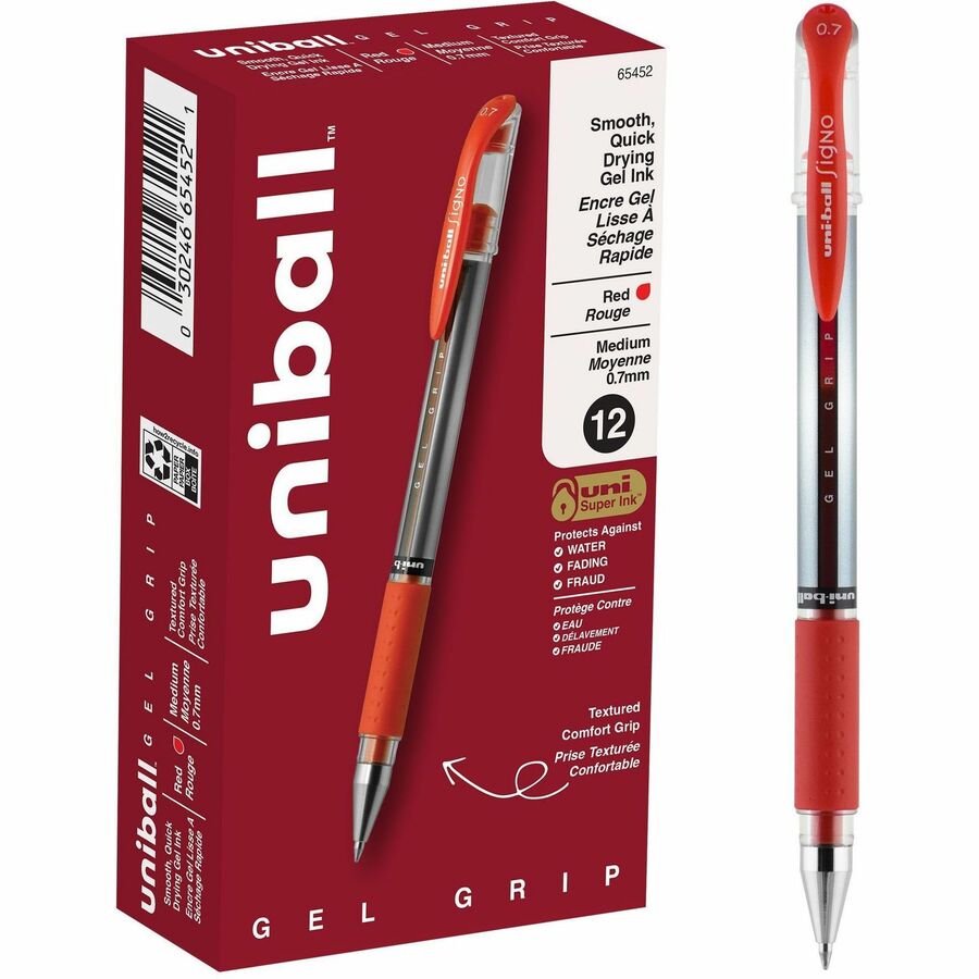 uniball™ Gel Grip Pens - Medium Pen Point - 0.7 mm Pen Point Size - Red Gel-based Ink - 1 Dozen