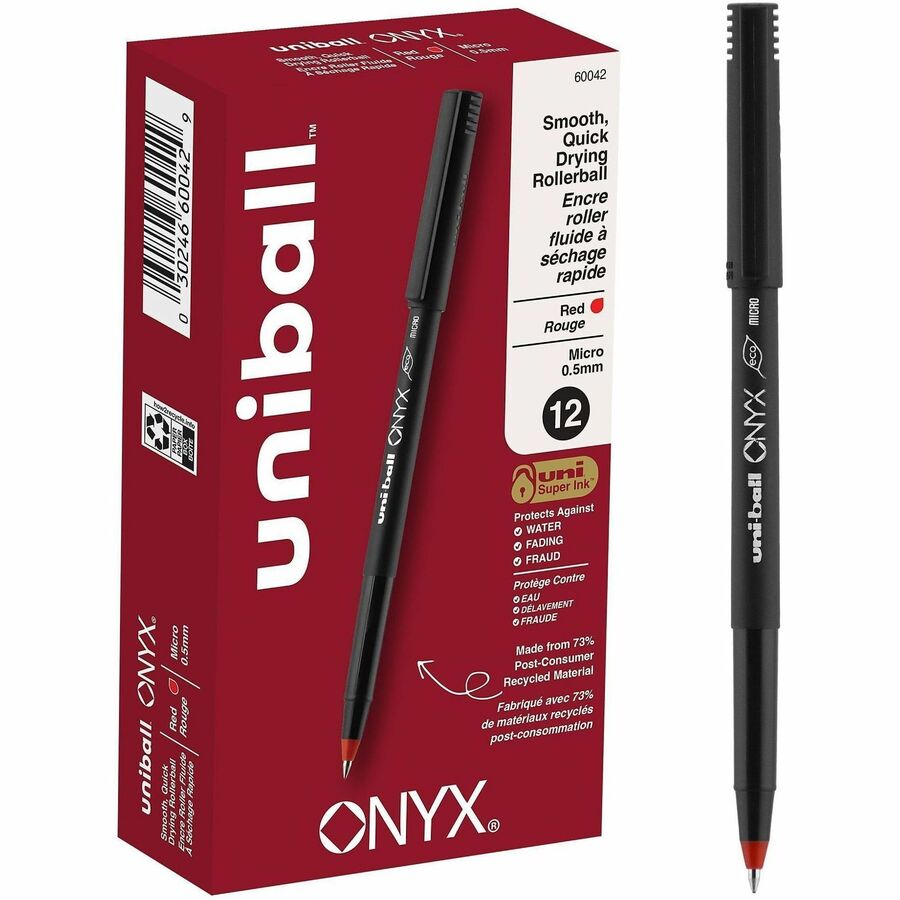 uniball™ Onyx Rollerball Pens - Micro Pen Point - 0.5 mm Pen Point Size - Red - Metal Tip - 1 Dozen