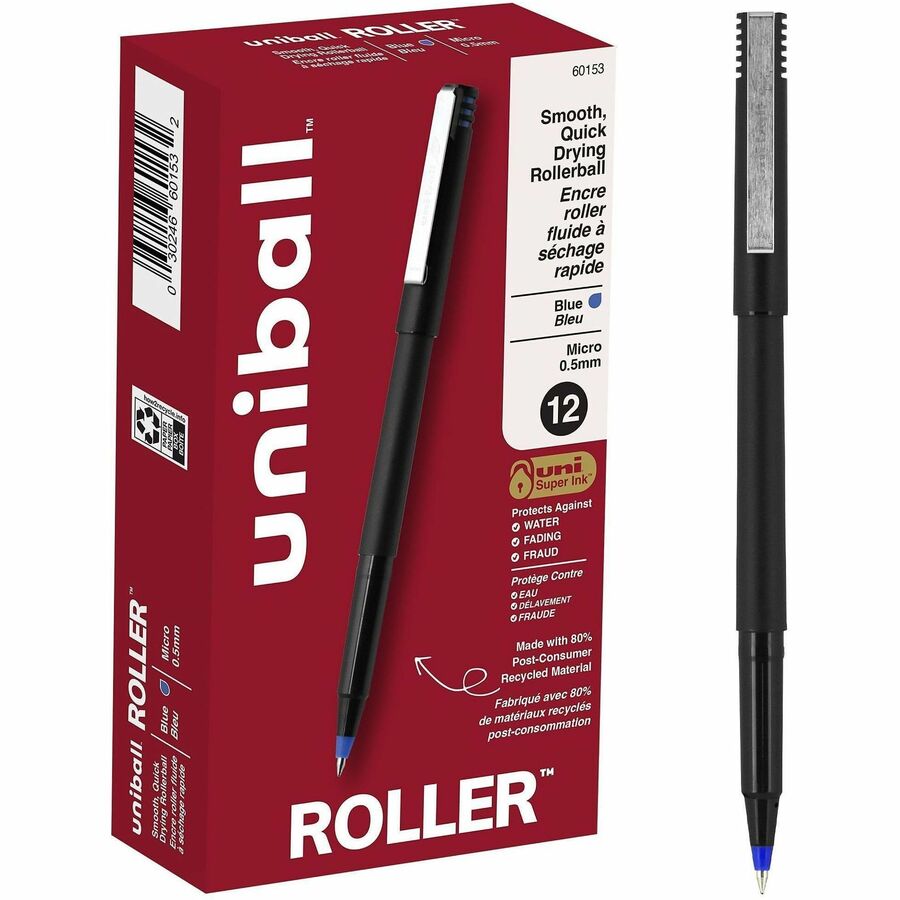 uniball™ Roller Rollerball Pen - Micro Pen Point - 0.5 mm Pen Point Size - Blue Water Based Ink - Black Stainless Steel Barrel - 1 Dozen