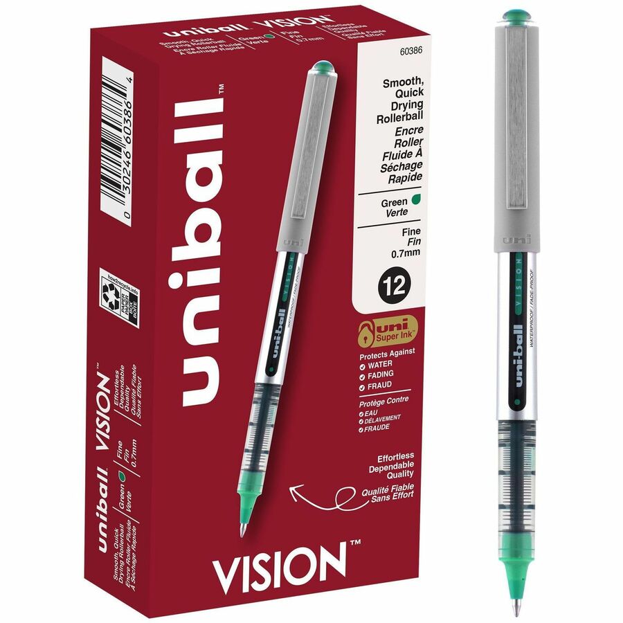 uniball™ Vision Rollerball Pens - Fine Pen Point - 0.7 mm Pen Point Size - Green - 1 Dozen