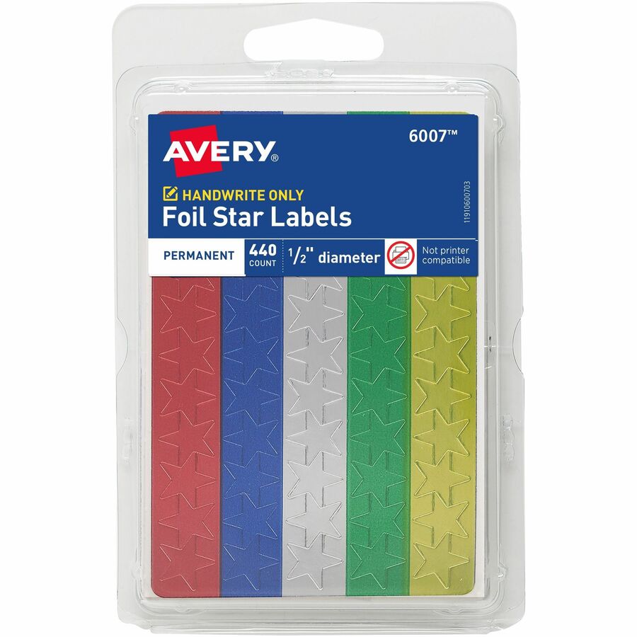 Avery® Assorted Foil Star Labels - Learning Theme/Subject - Star Shape - Permanent Adhesive - 0.50" Height - Red, Blue, Silver, Green, Gold - Paper - 6
