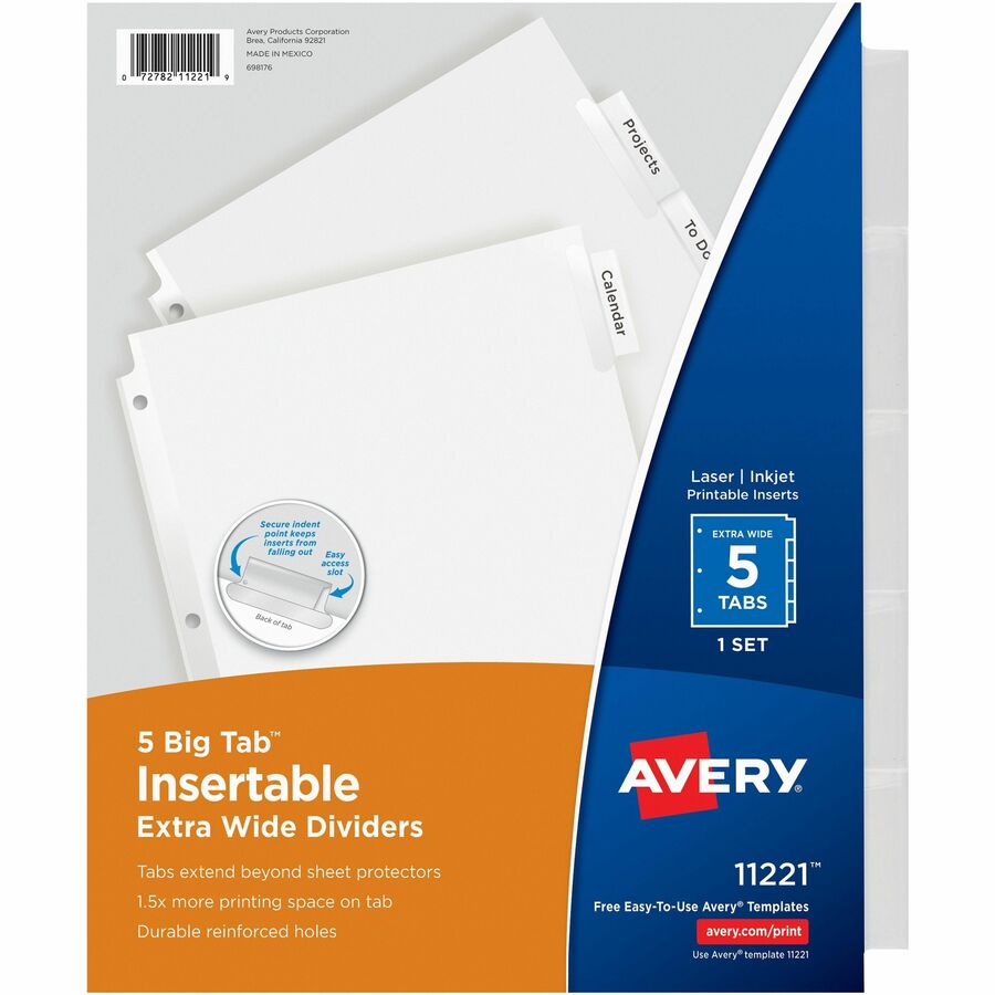 Avery® Big Tab Extra-Wide Insertable Dividers - 5 Blank Tab(s) - 5 Tab(s)/Set - 9" Divider Width x 11" Divider Length - 3 Hole Punched - Paper Divider - Clear Tab(s) - 5 / Set