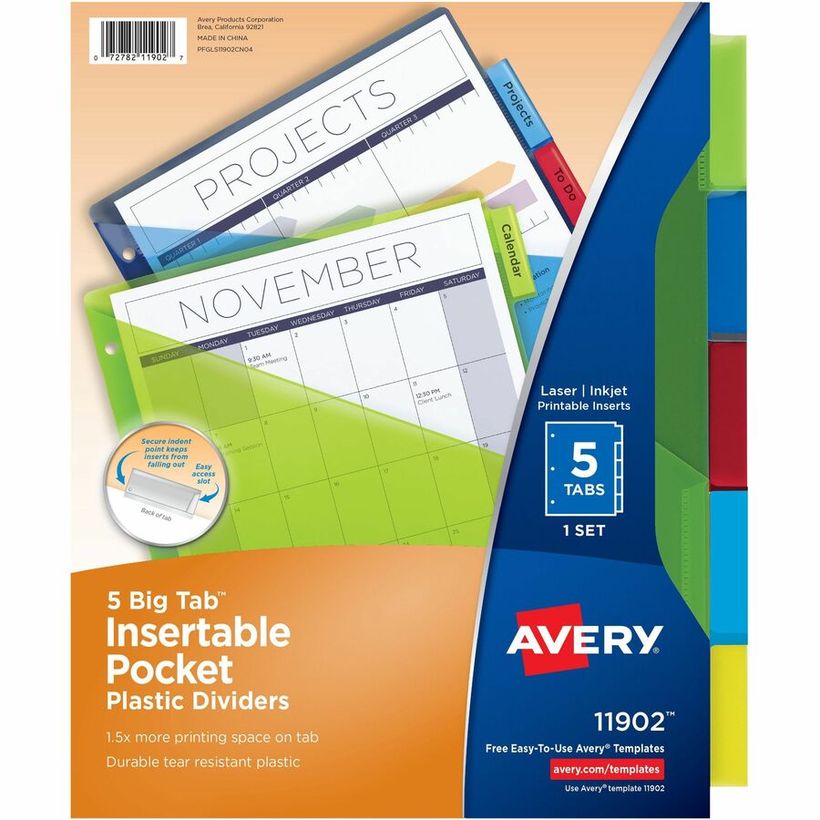 Avery® Big Tab Insertable Pocket Dividers - 5 x Divider(s) - 5 - 5 Tab(s)/Set - 9.3" Divider Width x 11.13" Divider Length - 3 Hole Punched - Translucent Plastic, Multicolor Divider - Multicolor Plastic Tab(s)