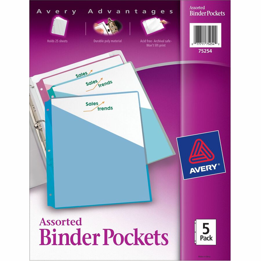 Avery® Durable Letter Vinyl File Pocket - 8 1/2" x 11" - 20 Sheet Capacity - 3 Pocket(s) - Polypropylene - Assorted - 5 / Pack