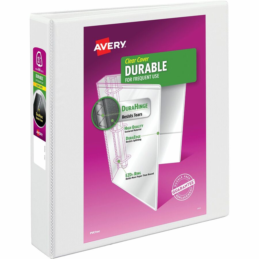Avery® Durable View Binder - EZD Rings - 1 1/2" Binder Capacity - Letter - 8 1/2" x 11" Sheet Size - 400 Sheet Capacity - 3 x D-Ring Fastener(s) - 2 Internal Pocket(s) - Poly - White - Recycled - Easy Insert Spine, Exposed Rivet, Gap-free Ring, Stacked Pocket - 1 Each