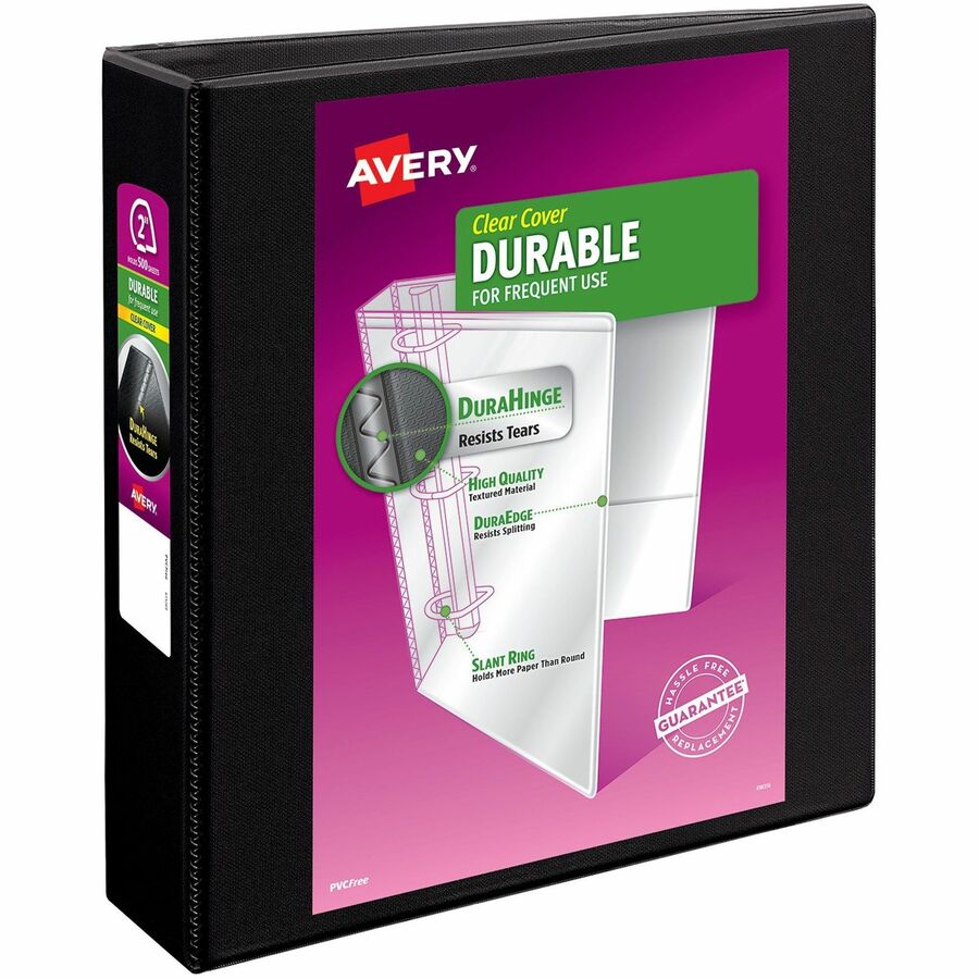 Avery® Durable View Binder - EZD Rings - 2" Binder Capacity - Letter - 8 1/2" x 11" Sheet Size - 540 Sheet Capacity - 3 x D-Ring Fastener(s) - 4 Internal Pocket(s) - Poly - Black - Recycled - Easy Insert Spine, Exposed Rivet, Gap-free Ring, Stacked Pocket - 1 Each