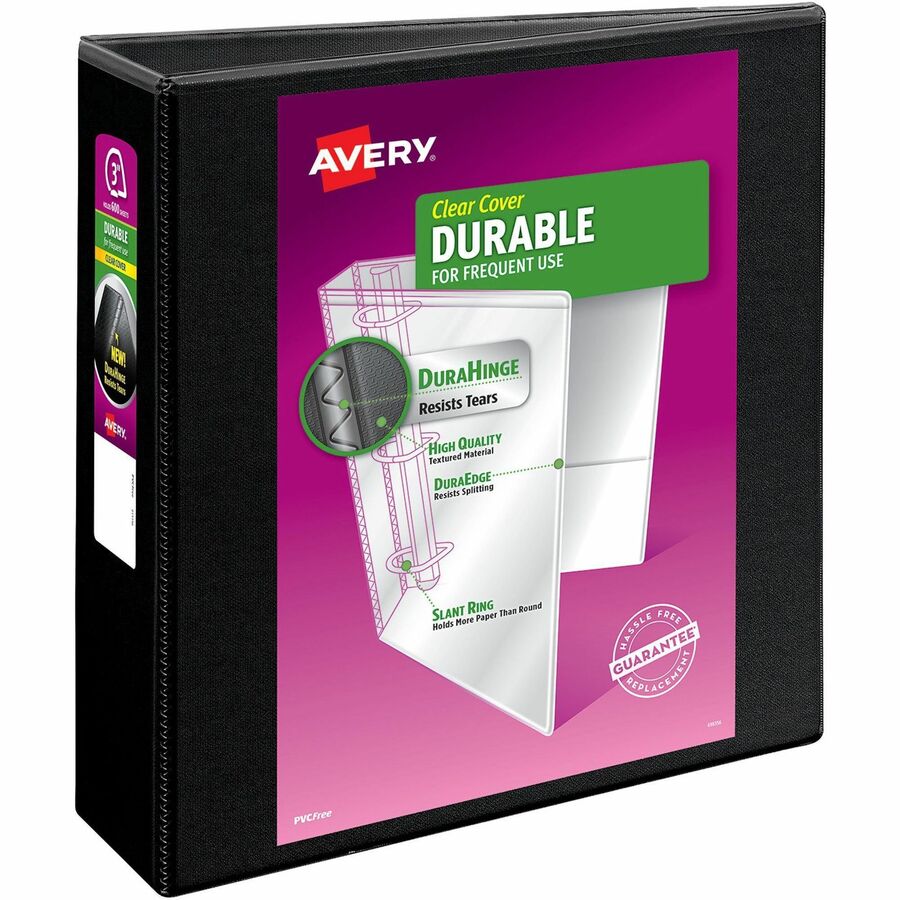 Avery® Durable View Binder - EZD Rings - 3" Binder Capacity - Letter - 8 1/2" x 11" Sheet Size - 670 Sheet Capacity - 3 x D-Ring Fastener(s) - 4 Internal Pocket(s) - Poly - Black - Recycled - Easy Insert Spine, Exposed Rivet, Gap-free Ring, Stacked Pocket - 1 Each