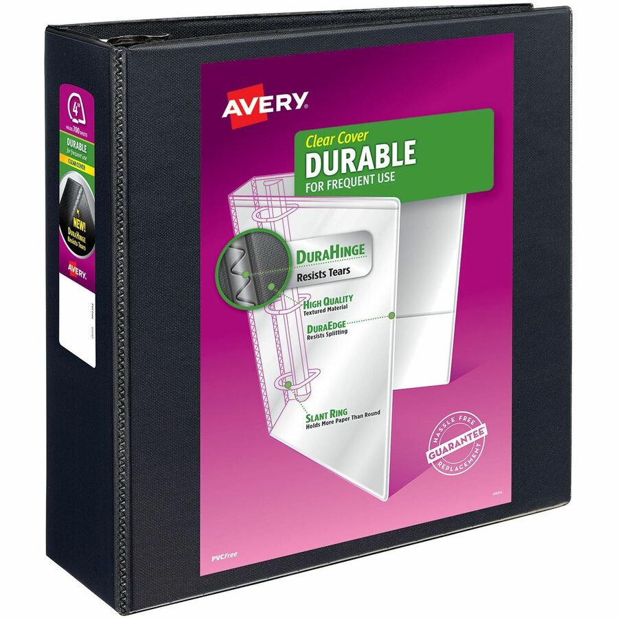 Avery® Durable View Binder - EZD Rings - 4" Binder Capacity - Letter - 8 1/2" x 11" Sheet Size - 780 Sheet Capacity - 3 x D-Ring Fastener(s) - 4 Internal Pocket(s) - Poly - Black - Recycled - Easy Insert Spine, Exposed Rivet, Gap-free Ring, Stacked Pocket - 1 Each