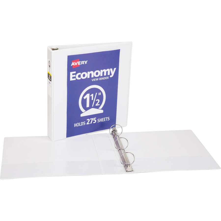 Avery® Economy View Binder - 1 1/2" Binder Capacity - Letter - 8 1/2" x 11" Sheet Size - 275 Sheet Capacity - 3 x Round Ring Fastener(s) - 2 Internal Pocket(s) - Vinyl, Chipboard - White - Gap-free Ring, Exposed Rivet, Clear Overlay, Non Locking Mechanism - 1 Each