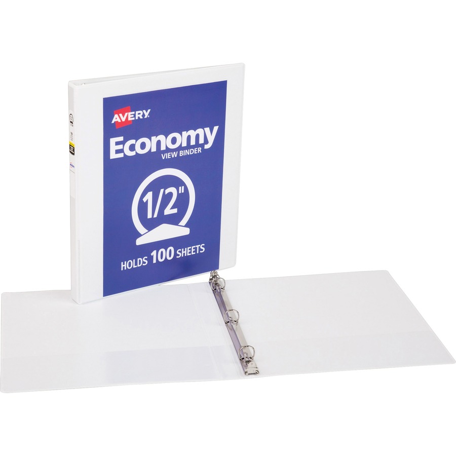 Avery® Economy View Binder - 1/2" Binder Capacity - Letter - 8 1/2" x 11" Sheet Size - 100 Sheet Capacity - 3 x Round Ring Fastener(s) - 2 Internal Pocket(s) - Vinyl, Chipboard - White - 13.12 oz - Gap-free Ring, Exposed Rivet, Clear Overlay, Non Locking Mechanism - 1 Each