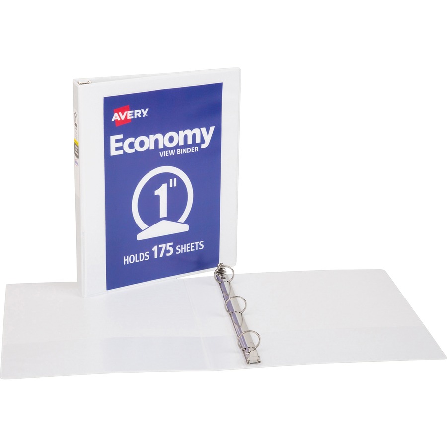 Avery® Economy View Binder - 1" Binder Capacity - Letter - 8 1/2" x 11" Sheet Size - 175 Sheet Capacity - 3 x Round Ring Fastener(s) - 2 Internal Pocket(s) - Vinyl, Chipboard - White - 15.84 oz - Gap-free Ring, Exposed Rivet, Clear Overlay, Non Locking Mechanism - 1 Each