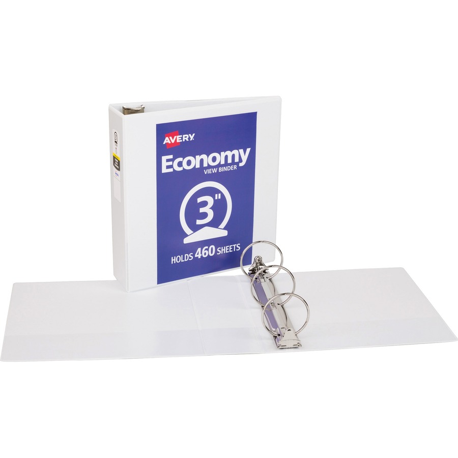 Avery® Economy View Binder - 3" Binder Capacity - Letter - 8 1/2" x 11" Sheet Size - 460 Sheet Capacity - 3 x Round Ring Fastener(s) - 2 Internal Pocket(s) - Vinyl - White - 1.79 lb - Gap-free Ring, Rivet, Clear Overlay, Non Locking Mechanism - 1 Each