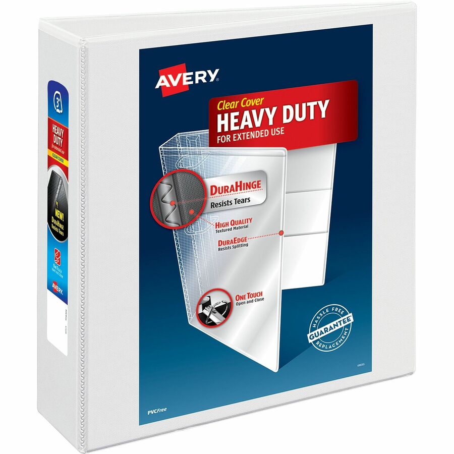Avery® Heavy-duty Nonstick View Binder - 3" Binder Capacity - Letter - 8 1/2" x 11" Sheet Size - 600 Sheet Capacity - 3 x Slant D-Ring Fastener(s) - 4 Internal Pocket(s) - Poly - White - Recycled - Gap-free Ring, Non-stick, Clear Overlay, Exposed Rivet, Stacked Pocket, Heavy Duty, PVC-free - 1 Each