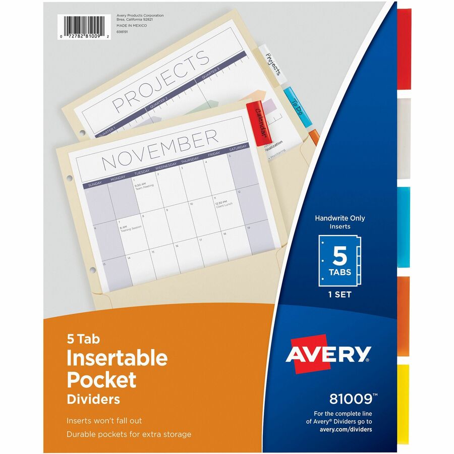 Avery® Insertable 5-Tab Dividers - 5 x Divider(s) - 5 Tab(s) - 5 - 5 Tab(s)/Set - 9.3" Divider Width x 11.13" Divider Length - 3 Hole Punched - Buff Paper Divider - Multicolor Paper Tab(s) - 1