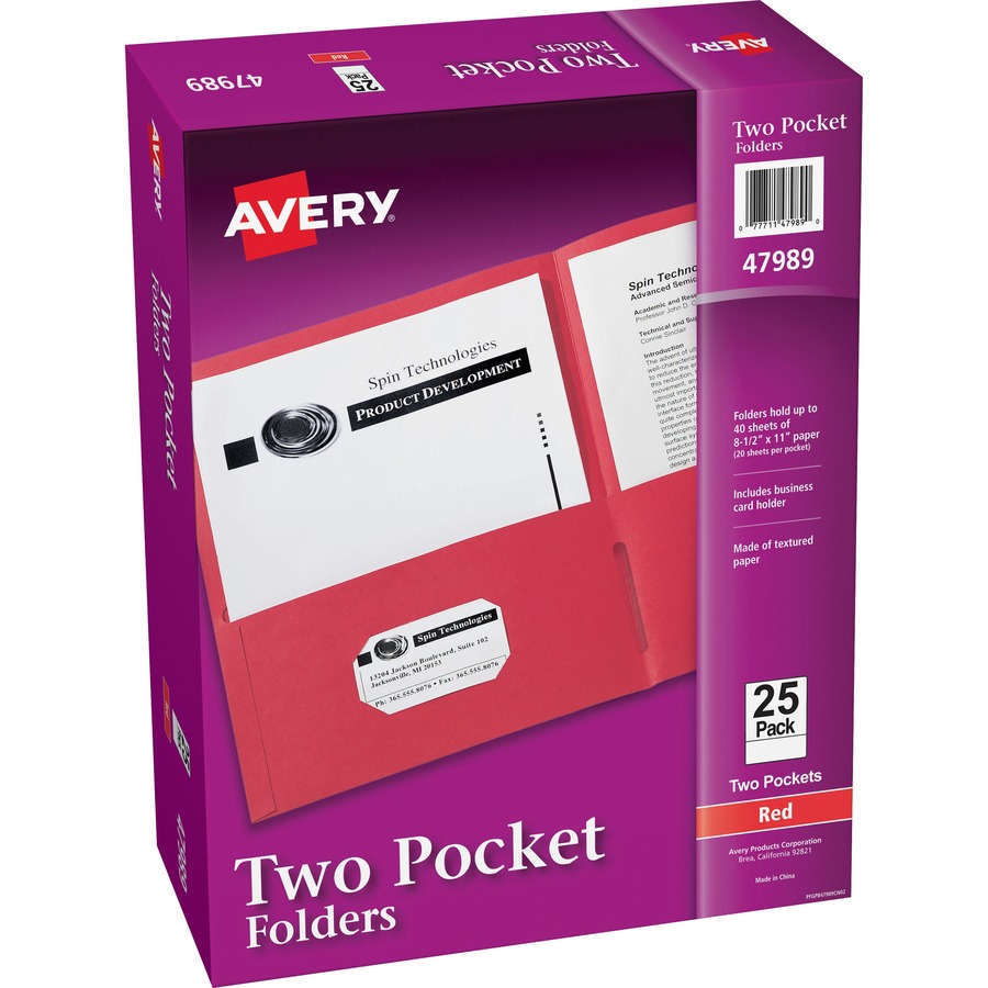 Avery® Letter Pocket Folder - 8 1/2" x 11" - 40 Sheet Capacity - 2 Internal Pocket(s) - Embossed Paper - Red - 25 / Box