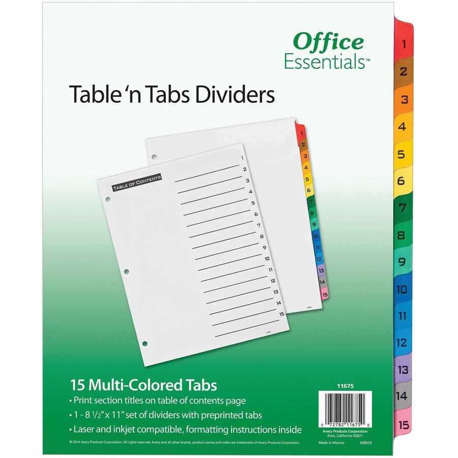 Avery® Office Essentials Table 'n Tabs Dividers - 15 x Divider(s) - Printed Tab(s) - Digit - 1-15 - 15 Tab(s)/Set - 8.5" Divider Width x 11" Divider Length - Letter - 3 Hole Punched - White Paper Divider - Multicolor Tab(s) - 15 / Set