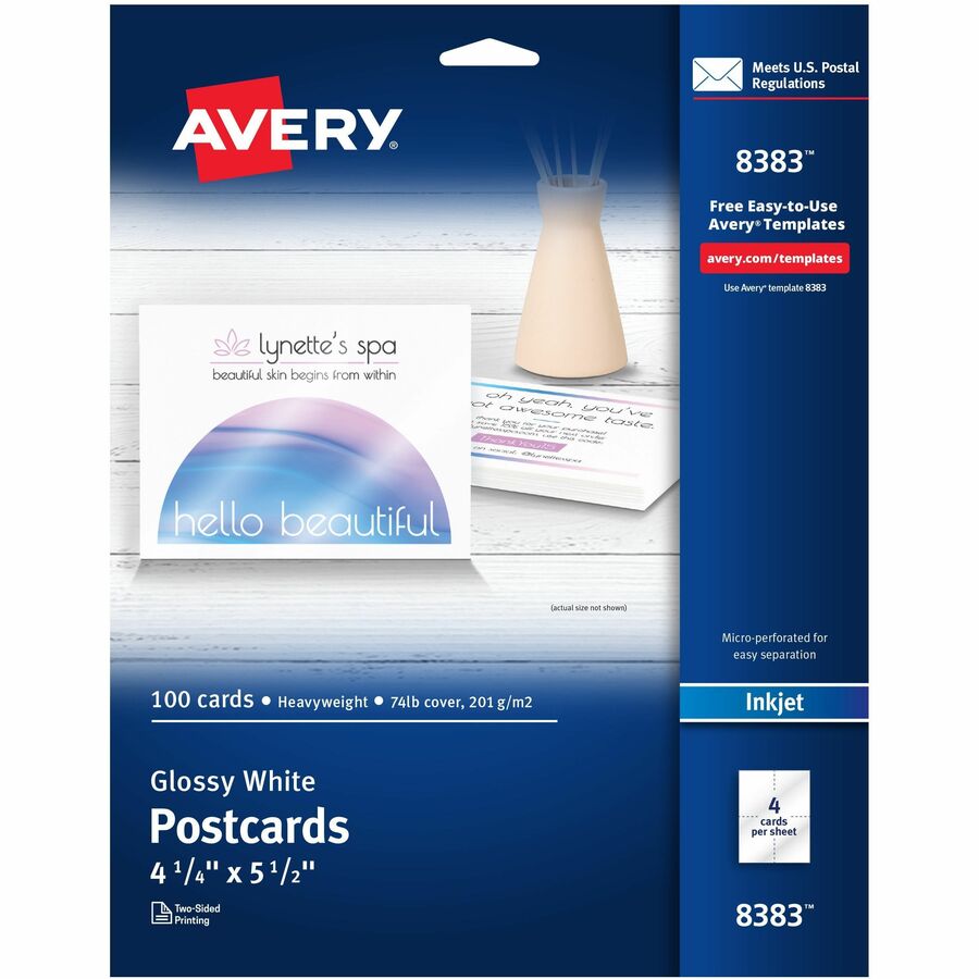 Avery® Postcards - 98 Brightness5 1/2" x 4 1/4" - Glossy - 100 / Pack - Perforated, Heavyweight, Rounded Corner, Double-sided, Recyclable
