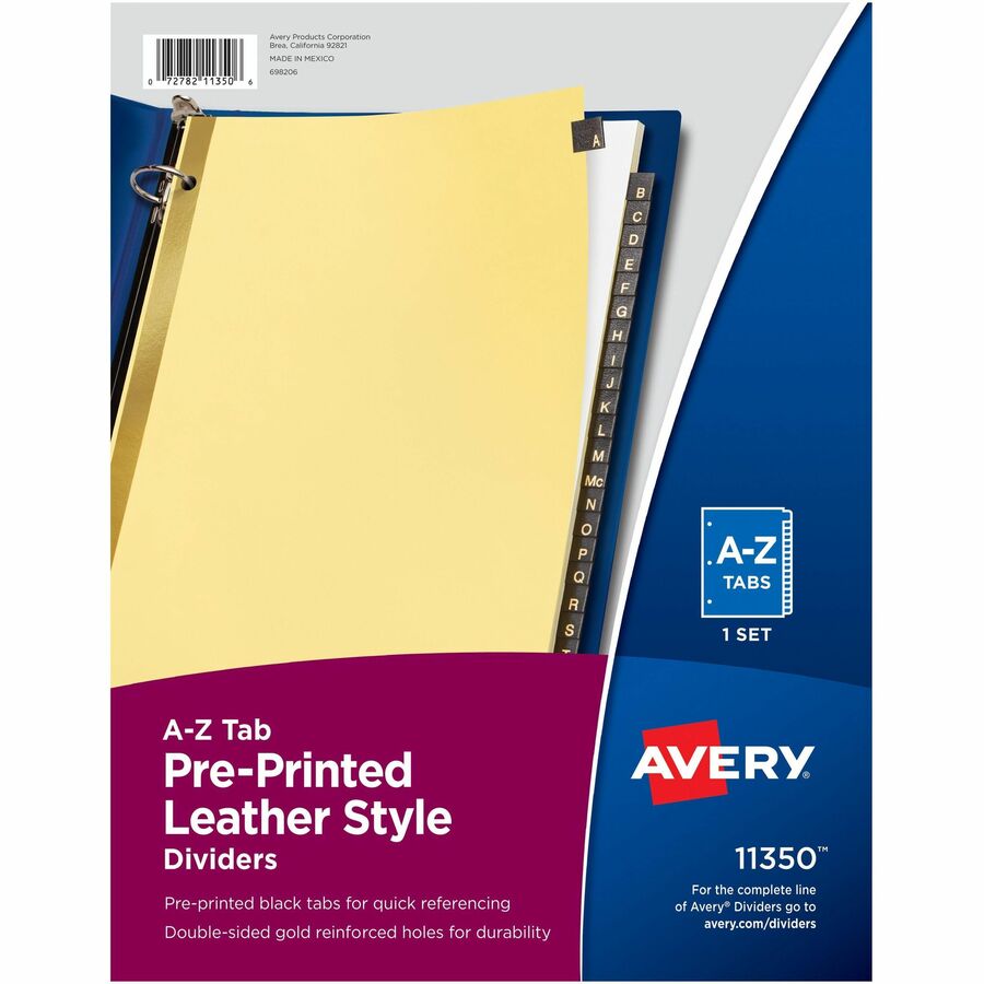 Avery® Preprinted Tab Dividers - Gold Reinforced Edge - Printed Tab(s) - Character - A-Z - 25 Tab(s)/Set - 8.5" Divider Width x 11" Divider Length - Letter - 3 Hole Punched - Buff Divider - Black Leather Tab(s) - 25 / Set