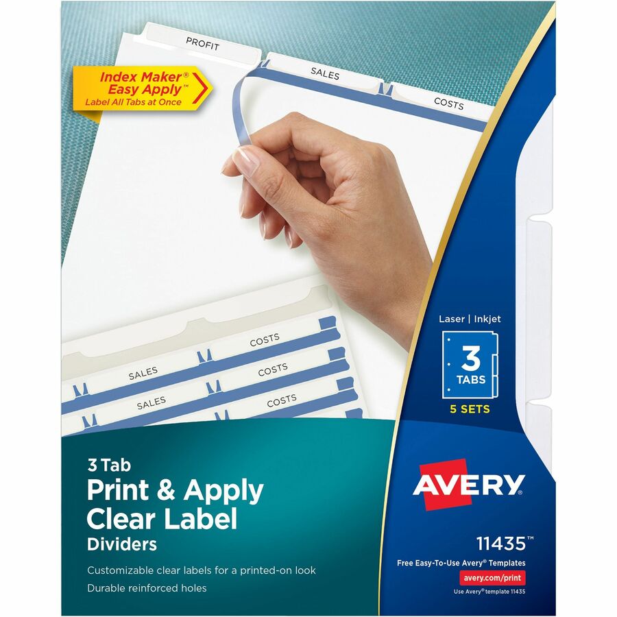 Avery® Print & Apply Clear Label Dividers - Index Maker Easy Apply Label Strip - 15 x Divider(s) - 3 Blank Tab(s) - 3 Tab(s)/Set - 8.5" Divider Width x 11" Divider Length - Letter - 3 Hole Punched - White Paper Divider - White Tab(s) - 15 / Pack