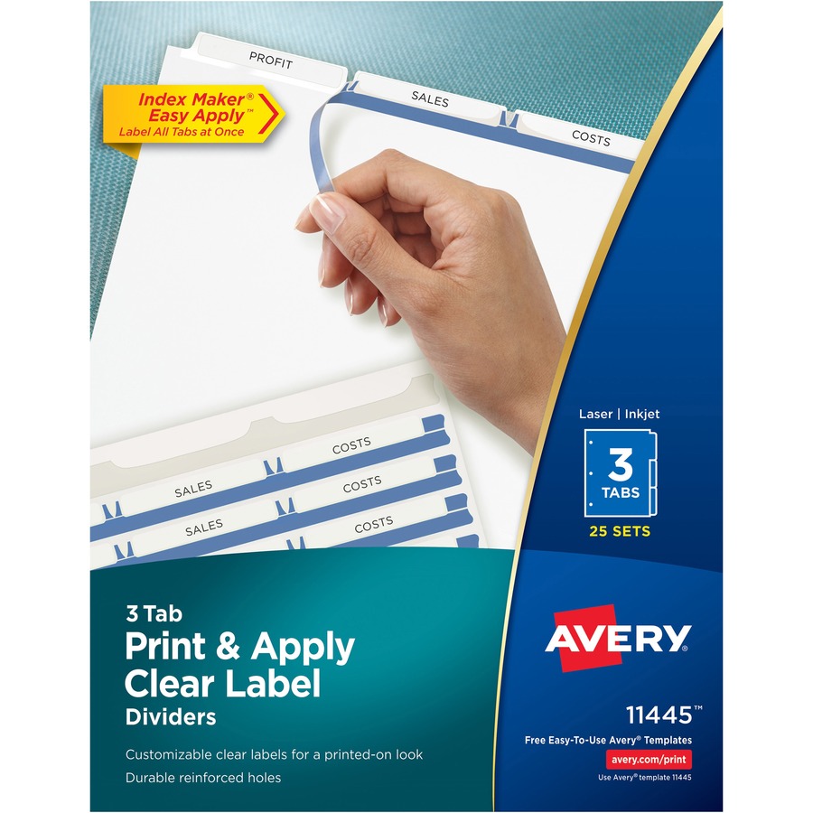 Avery® Print & Apply Clear Label Dividers - Index Maker Easy Apply Label Strip - 75 x Divider(s) - 3 Blank Tab(s) - 3 Tab(s)/Set - 8.5" Divider Width x 11" Divider Length - Letter - 3 Hole Punched - White Paper Divider - White Tab(s) - 75 / Box
