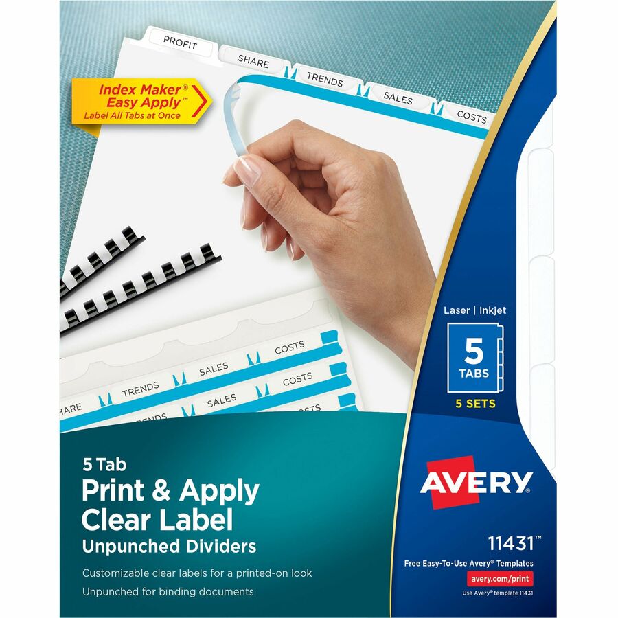 Avery® Print & Apply Label Unpunched Dividers - Index Maker Easy Apply Label Strip - 25 x Divider(s) - 5 Blank Tab(s) - 5 Tab(s)/Set - 8.5" Divider Width x 11" Divider Length - Letter - White Paper Divider - White Tab(s) - 5 / Pack