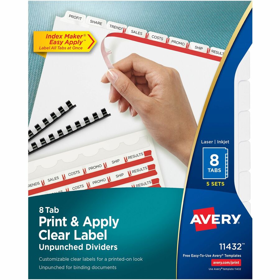 Avery® Print & Apply Label Unpunched Dividers - Index Maker Easy Apply Label Strip - 40 x Divider(s) - 8 Blank Tab(s) - 8 Tab(s)/Set - 8.5" Divider Width x 11" Divider Length - Letter - White Paper Divider - White Tab(s) - 5 / Pack