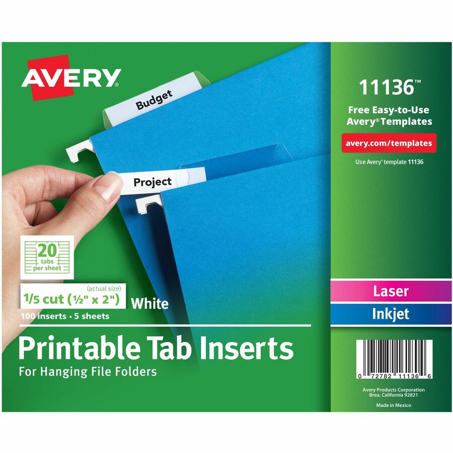Avery® Printable Tab Inserts for Hanging File Folders - 100 Print-on Tab(s) - 5 Tab(s)/Set2" Tab Width - Paper Divider - White Tab(s) - 1 / Pack