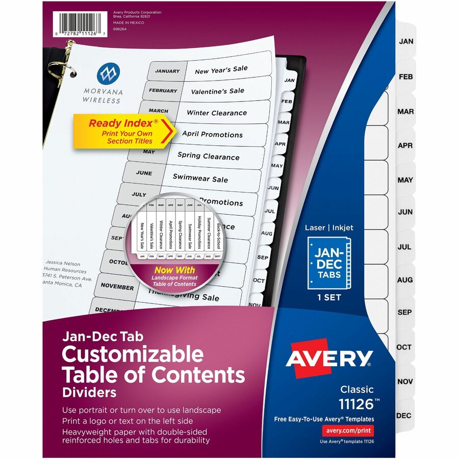 Avery® Ready Index Binder Dividers - Customizable Table of Contents - 12 x Divider(s) - Printed Tab(s) - Month - Jan-Dec - 12 Tab(s)/Set - 8.5" Divider Width x 11" Divider Length - Letter - 3 Hole Punched - White Paper Divider - White Tab(s) - 12 / Set