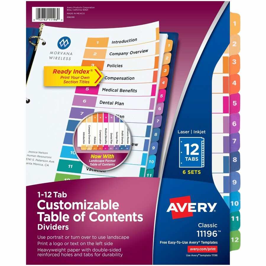 Avery® Ready Index Custom TOC Binder Dividers - 72 x Divider(s) - 1-12 - 12 Tab(s)/Set - 8.5" Divider Width x 11" Divider Length - 3 Hole Punched - White Paper Divider - Multicolor Paper Tab(s) - 6 / Pack