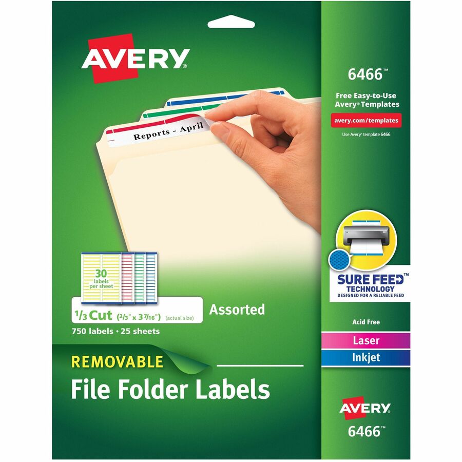 Avery® Removable Laser/Inkjet Filing Labels - 21/32" Width x 3 7/16" Length - Removable Adhesive - Rectangle - Laser, Inkjet - Blue, Green, Red, White, Yellow - Paper - 30 / Sheet - 25 Total Sheets - 750 Total Label(s) - 750 / Pack