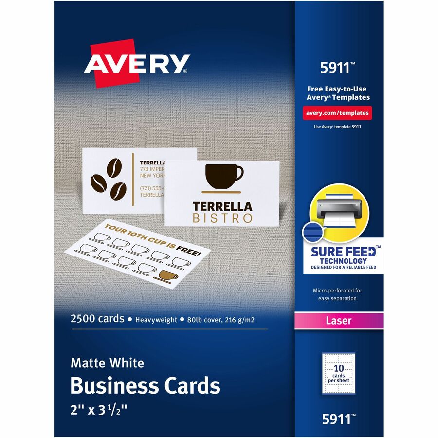 Avery® Sure Feed Business Cards - 97 Brightness2" x 3 1/2" - 80 lb Basis Weight - 216 g/m² Grammage - 2500 / Box - FSC Mix - Perforated, Heavyweight, Jam-free, Smooth Edge, Uncoated, Perforated, Recyclable