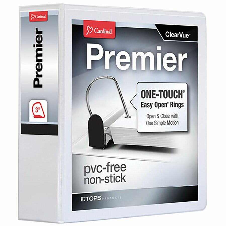 Cardinal EasyOpen Clearvue Slant D-Ring Binders - 3" Binder Capacity - Letter - 8 1/2" x 11" Sheet Size - 675 Sheet Capacity - 2 29/32" Spine Width - 3 x D-Ring Fastener(s) - 2 Inside Front & Back Pocket(s) - Vinyl - White - 1.86 lb - Clear Overlay, Locking Mechanism, One Touch Ring, Sheet Lifter, Heavy Duty - 1 Each