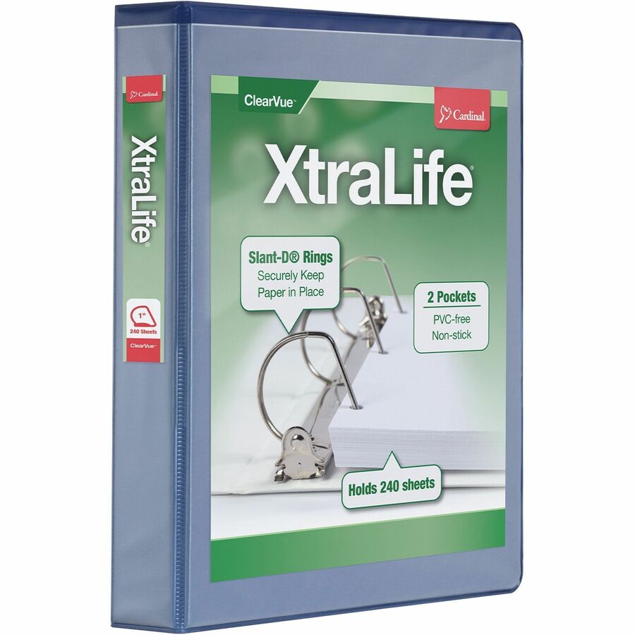 Cardinal Xtralife ClearVue Locking Slant-D Binders - 1 1/2" Binder Capacity - Letter - 8 1/2" x 11" Sheet Size - 375 Sheet Capacity - 1 3/5" Spine Width - 3 x D-Ring Fastener(s) - 2 Inside Front & Back Pocket(s) - Polyolefin - Black - 1.05 lb - Non-stick, Locking Ring, PVC-free, Clear Overlay, Cold Resistant, Crack Resistant - 1 Each