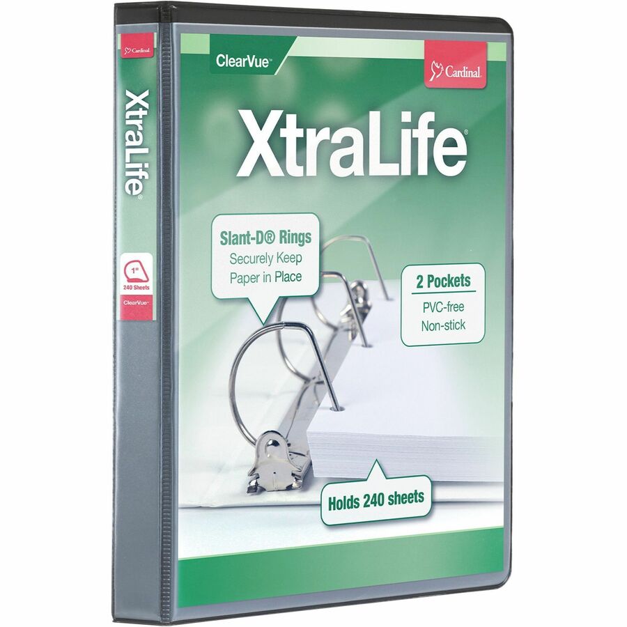 Cardinal Xtralife ClearVue Locking Slant-D Binders - 1" Binder Capacity - Letter - 8 1/2" x 11" Sheet Size - 270 Sheet Capacity - 1" Spine Width - 3 x D-Ring Fastener(s) - 2 Inside Front & Back Pocket(s) - Polyolefin - Black - 14.40 oz - Non-stick, Locking Ring, PVC-free, Clear Overlay, Hinged, Cold Resistant, Crack Resistant - 1 Each