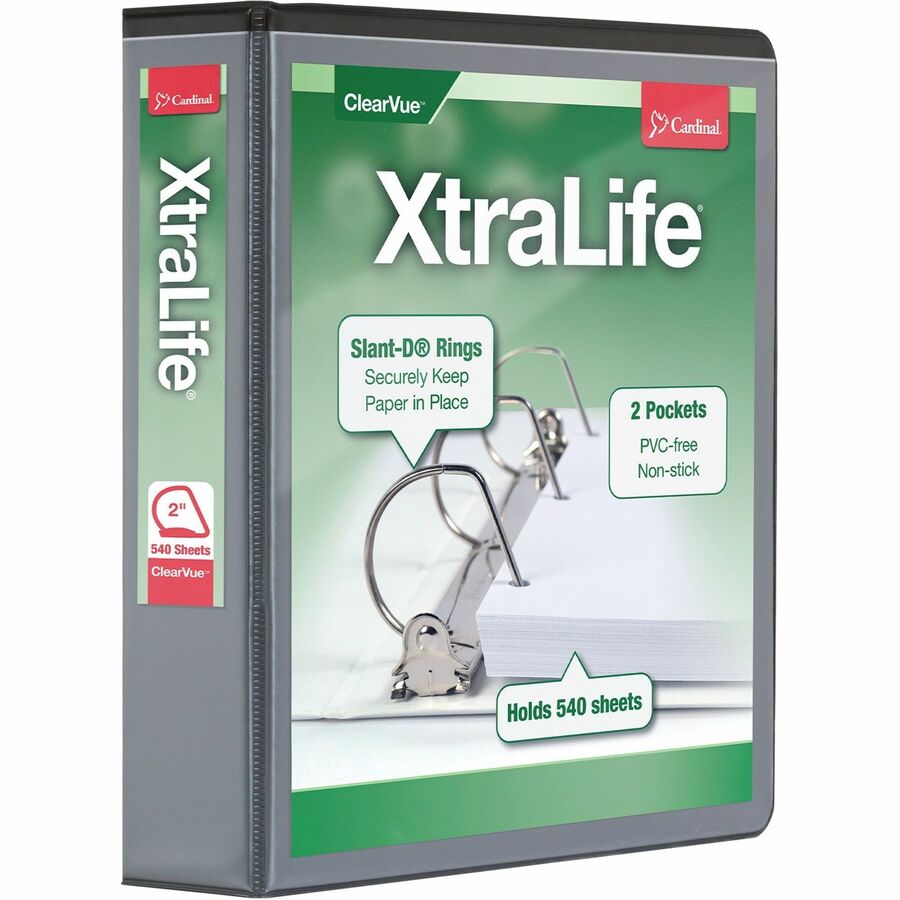 Cardinal Xtralife ClearVue Locking Slant-D Binders - 2" Binder Capacity - Letter - 8 1/2" x 11" Sheet Size - 540 Sheet Capacity - 2 1/2" Spine Width - 3 x D-Ring Fastener(s) - 2 Inside Front & Back Pocket(s) - Polyolefin - Black - 1.25 lb - Non-stick, Locking Ring, PVC-free, Clear Overlay, Cold Resistant, Crack Resistant - 1 Each