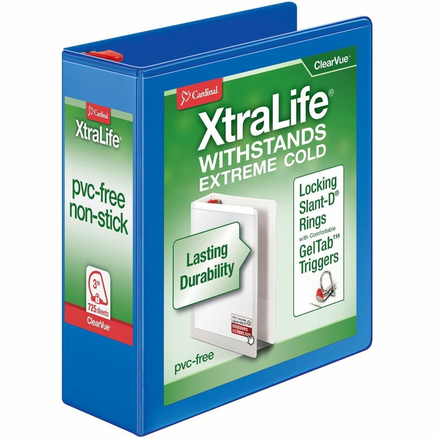 Cardinal Xtralife ClearVue Locking Slant-D Binders - 3" Binder Capacity - Letter - 8 1/2" x 11" Sheet Size - 725 Sheet Capacity - 2 29/32" Spine Width - 3 x D-Ring Fastener(s) - 2 Inside Front & Back Pocket(s) - Polyolefin - Blue - 1.60 lb - Non-stick, Locking Ring, PVC-free, Clear Overlay, Cold Resistant, Crack Resistant - 1 Each