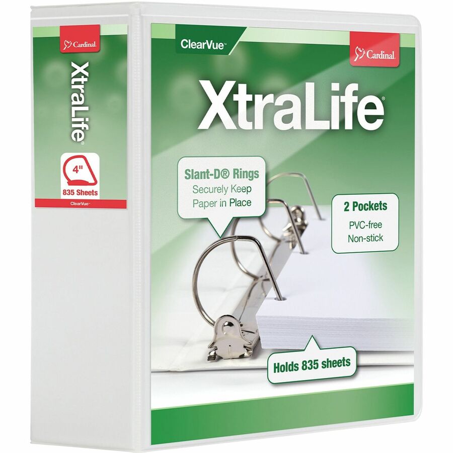 Cardinal Xtralife ClearVue Locking Slant-D Binders - 4" Binder Capacity - Letter - 8 1/2" x 11" Sheet Size - 890 Sheet Capacity - 3 3/5" Spine Width - 3 x D-Ring Fastener(s) - 2 Inside Front & Back Pocket(s) - Polyolefin - Black - 1.80 lb - Non-stick, Locking Ring, PVC-free, Clear Overlay, Cold Resistant, Crack Resistant - 1 Each