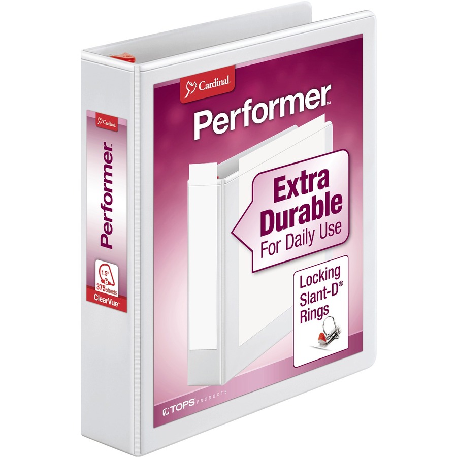 Cardinal Xtravalue Clearvue Locking D-Ring Binder - 1 1/2" Binder Capacity - Letter - 8 1/2" x 11" Sheet Size - 375 Sheet Capacity - 1 3/5" Spine Width - 3 x D-Ring Fastener(s) - 2 Inside Front & Back Pocket(s) - Vinyl - White - 1.08 lb - Locking Ring, Clear Overlay - 1 Each