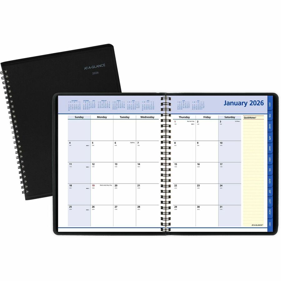 At-A-Glance QuickNotes Planner - Julian Dates - Monthly - 12 Month - January 2024 - December 2024 - 1 Month Double Page Layout - 6 7/8" x 8 3/4" Sheet Size - Wire Bound - Black - Simulated Leather - Pocket, Address Directory, Phone Directory, Notes Area - 1 Each