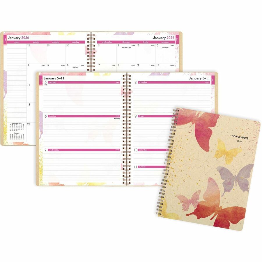 At-A-Glance Watercolors Weekly/Monthly Planner - Julian Dates - Weekly, Monthly - 12 Month - January 2024 - December 2023 - 1 Week, 1 Month Double Page Layout - 8 1/2" x 11" Beige Sheet - Wire Bound - 11" Height - Pocket, Watercolor Theme - 1 Each