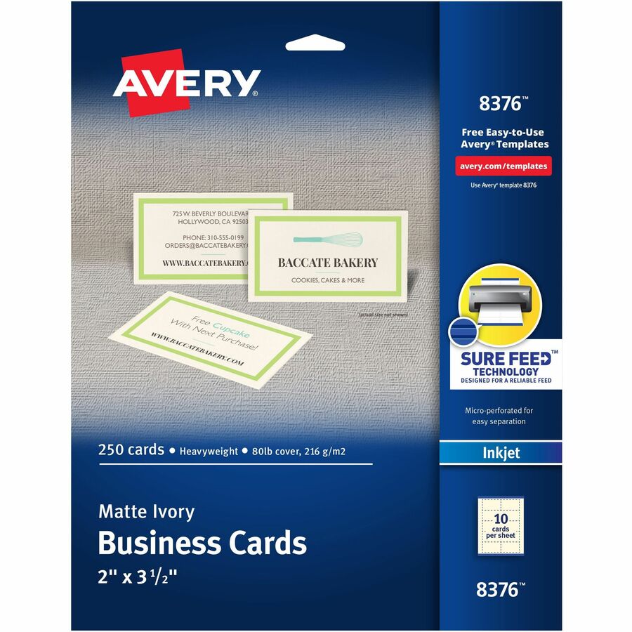 Avery® 2" x 3.5" Ivory Business Cards, Sure Feed(TM), 250 (8376) - 79 Brightness - A8 - 3 1/2" x 2" - 80 lb Basis Weight - Matte - 250 / Pack - FSC Mix - Perforated, Heavyweight, Rounded Corner