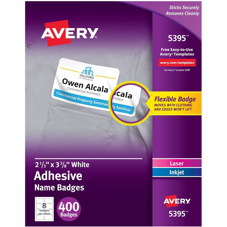 Avery® Adhesive Name Badges - 2 21/64" Width x 3 3/8" Length - Removable Adhesive - Rectangle - Laser, Inkjet - White - Film - 8 / Sheet - 50 Total Sheets - 400 Total Label(s) - 400 / Box