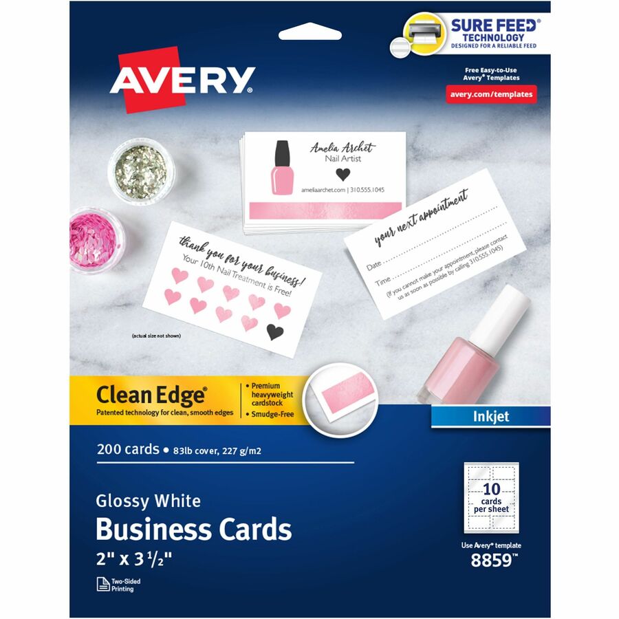 Avery® Clean Edge Business Cards, 2" x 3.5" , Glossy, 200 (08859) - 110 Brightness8 1/2" x 11" - 83 lb Basis Weight - 227 g/m² Grammage - Glossy - 200 / Pack - Heavyweight, Rounded Corner, Smooth Edge, Jam-free, Smudge-free, Double-sided, Printable