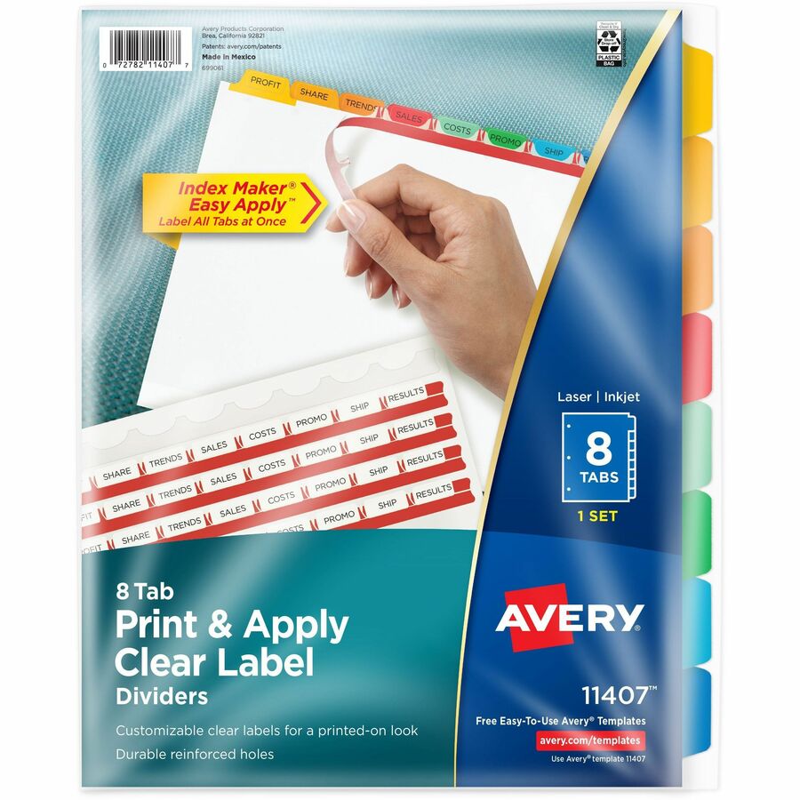 Avery® Index Maker Index Divider - 8 x Divider(s) - Print-on Tab(s) - 8 - 8 Tab(s)/Set - 8.5" Divider Width x 11" Divider Length - 3 Hole Punched - White Paper Divider - Multicolor Paper Tab(s)