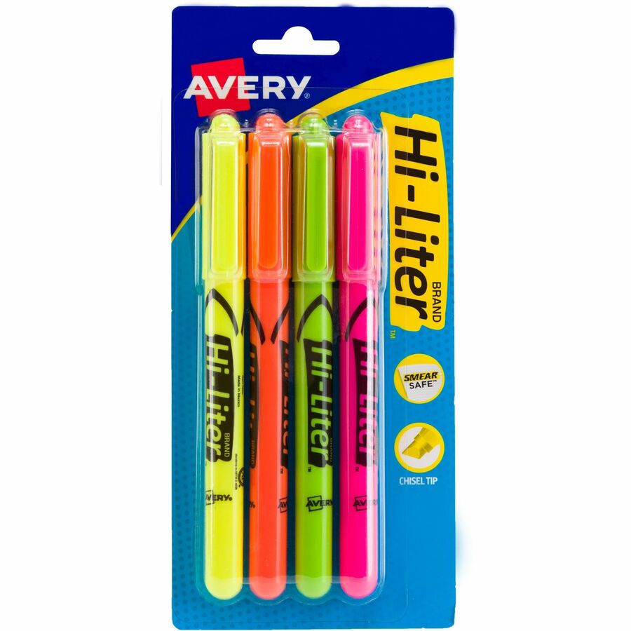 Avery® Pen-Style, Assorted Colors, 4 Count (23545) - Chisel Marker Point Style - Fluorescent Yellow, Fluorescent Pink, Fluorescent Orange, Fluorescent Green Water Based Ink - Fluorescent Yellow, Fluorescent Pink, Fluorescent Orange, Fluorescent Green Barrel - 4 / Pack